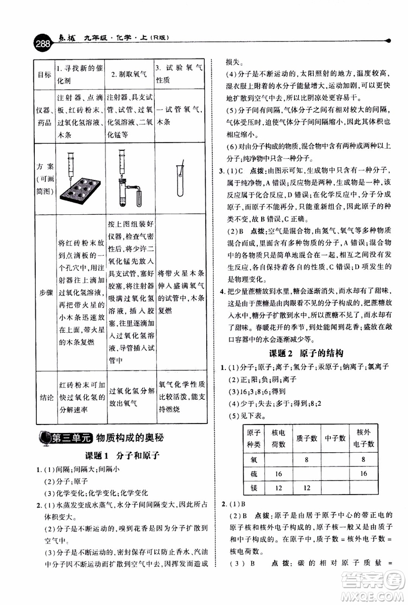 2019年榮德基特高級教師點(diǎn)撥化學(xué)九年級上R版人教版參考答案