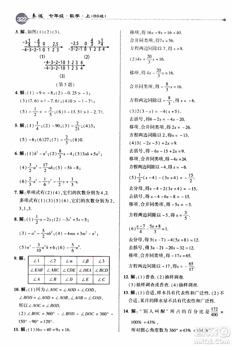 2019年榮德基特高級教師點撥數(shù)學七年級上BS版北師版參考答案