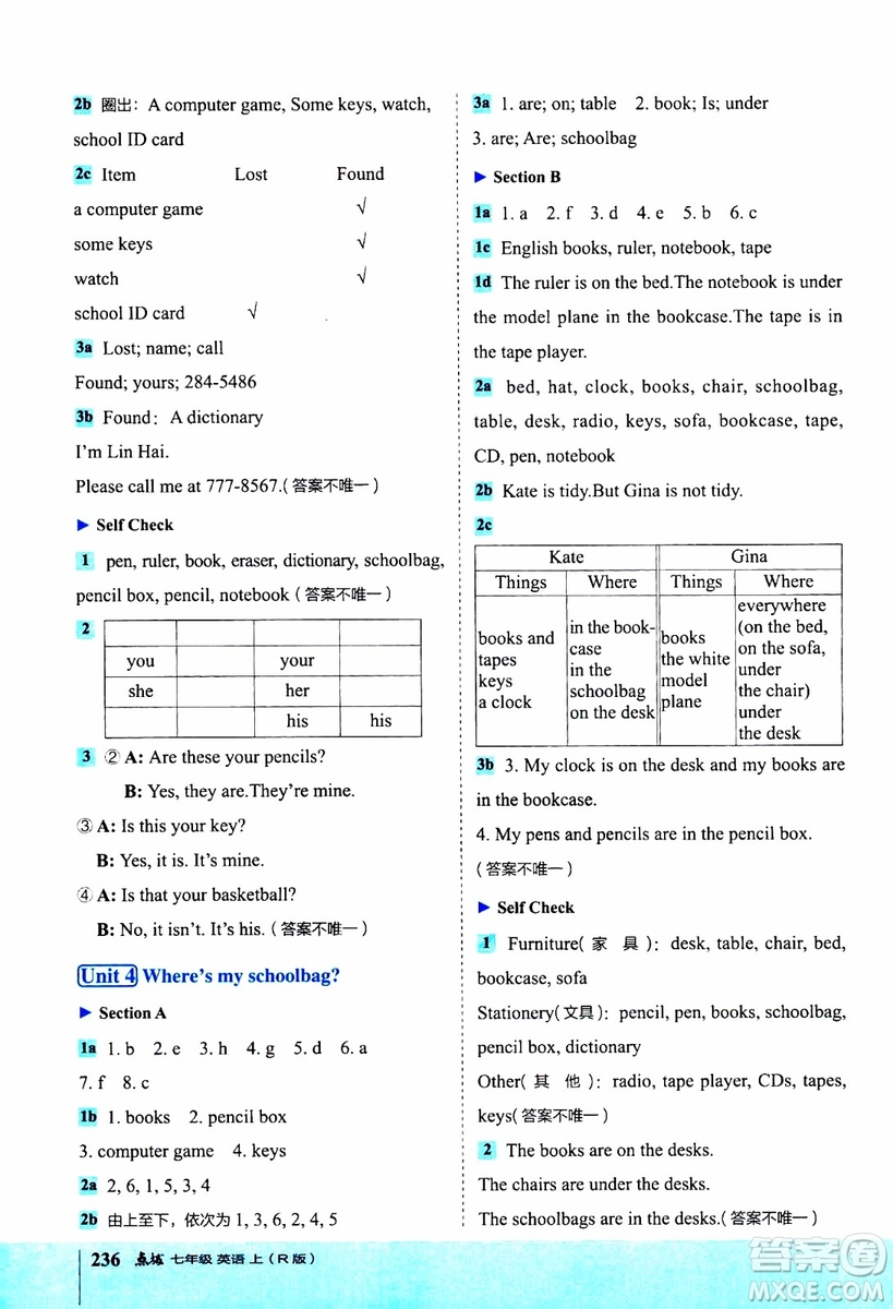 2019年榮德基特高級教師點(diǎn)撥英語七年級上R版人教版參考答案