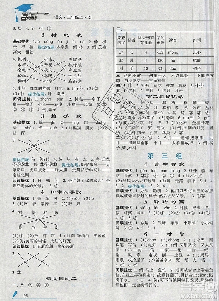 2019年經(jīng)綸學典學霸二年級語文上冊人教版參考答案