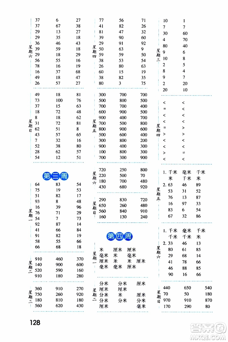 2019秋經(jīng)綸學(xué)典口算達(dá)人三年級(jí)數(shù)學(xué)上冊(cè)RJ人教版參考答案