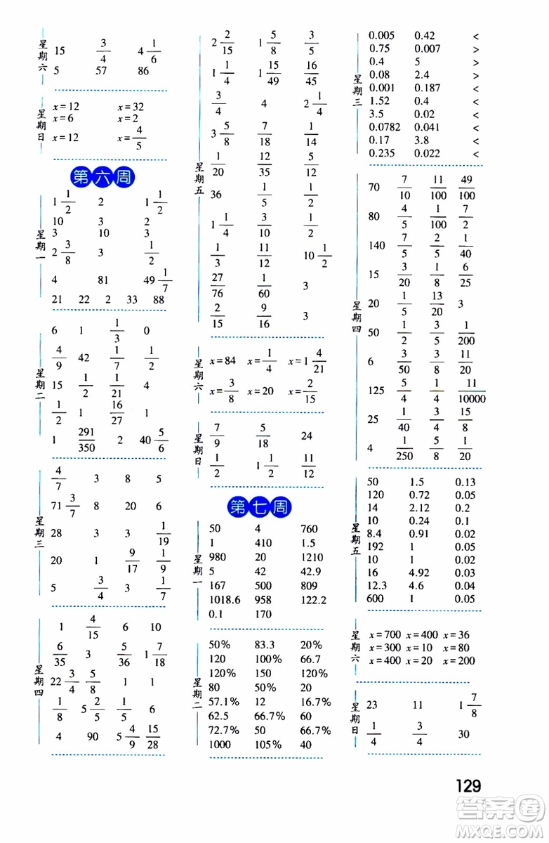 2019秋經(jīng)綸學(xué)典口算達(dá)人六年級數(shù)學(xué)上冊BS北師版參考答案