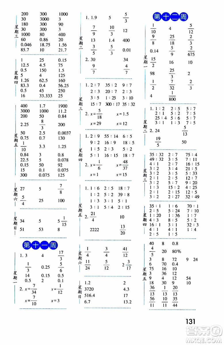 2019秋經(jīng)綸學(xué)典口算達(dá)人六年級數(shù)學(xué)上冊BS北師版參考答案