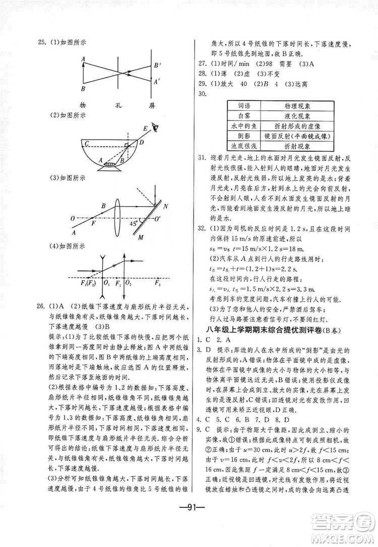 春雨教育2019期末闖關(guān)沖刺100分8年級物理上冊蘇科版答案