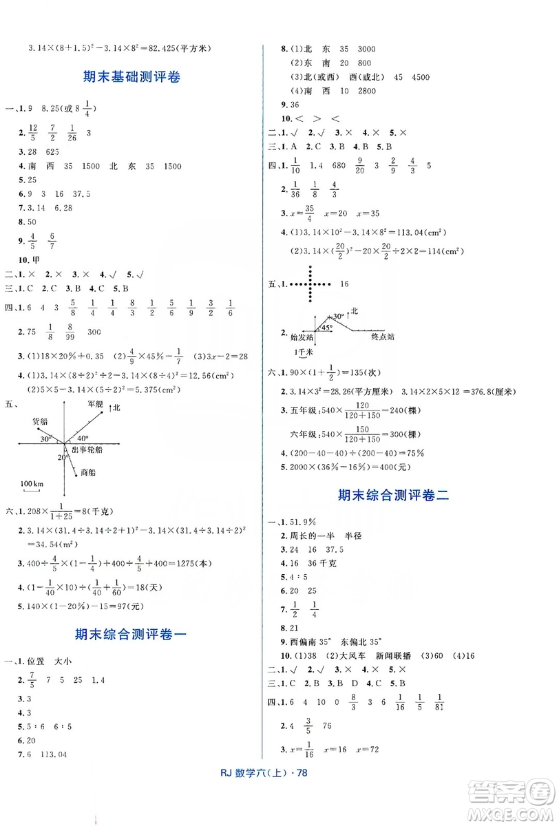 贏在起跑線2019天天100分小學優(yōu)化測試卷六年級數(shù)學上冊RJ人教版答案