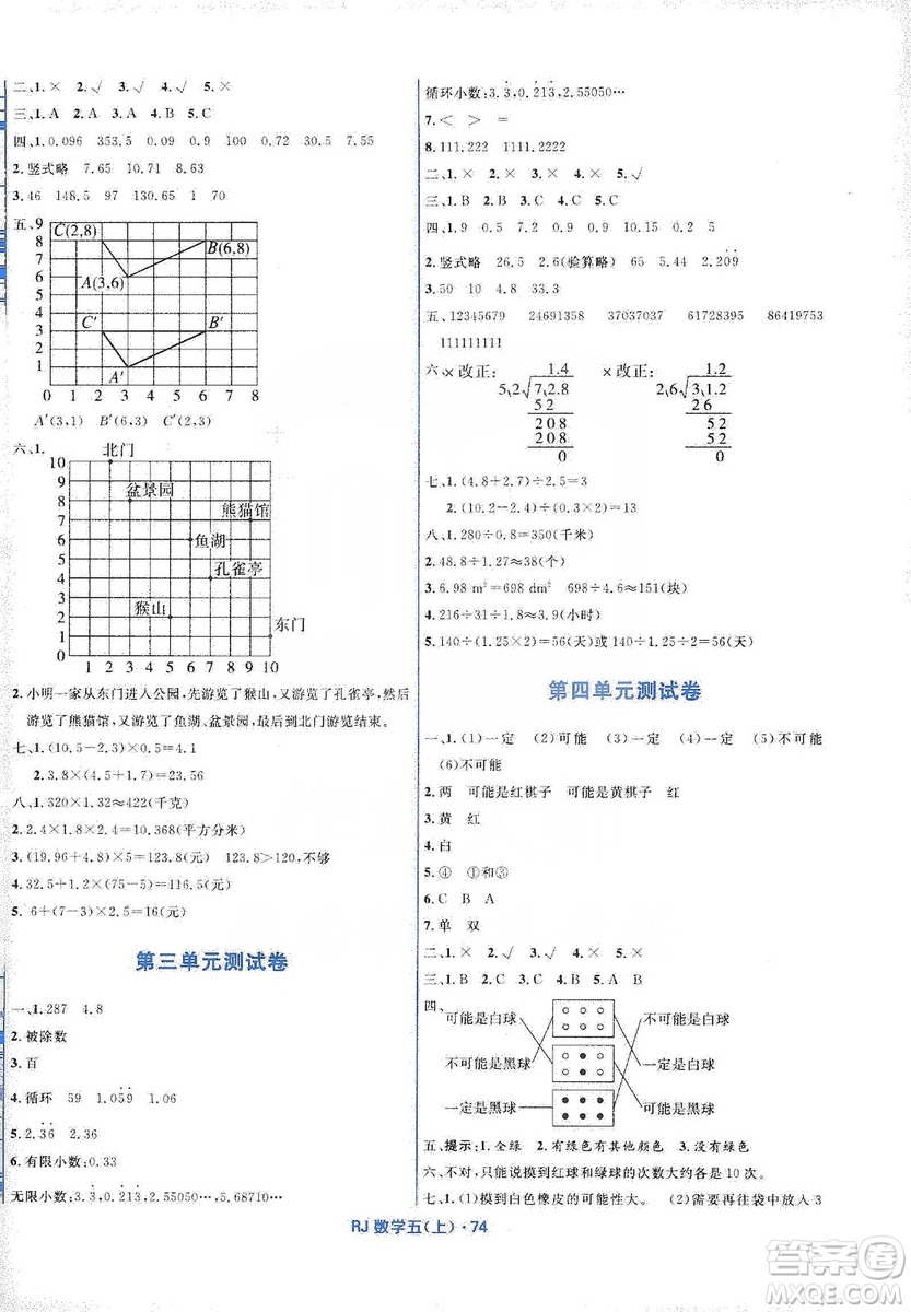 贏在起跑線2019天天100分小學優(yōu)化測試卷五年級數(shù)學上冊RJ人教版答案