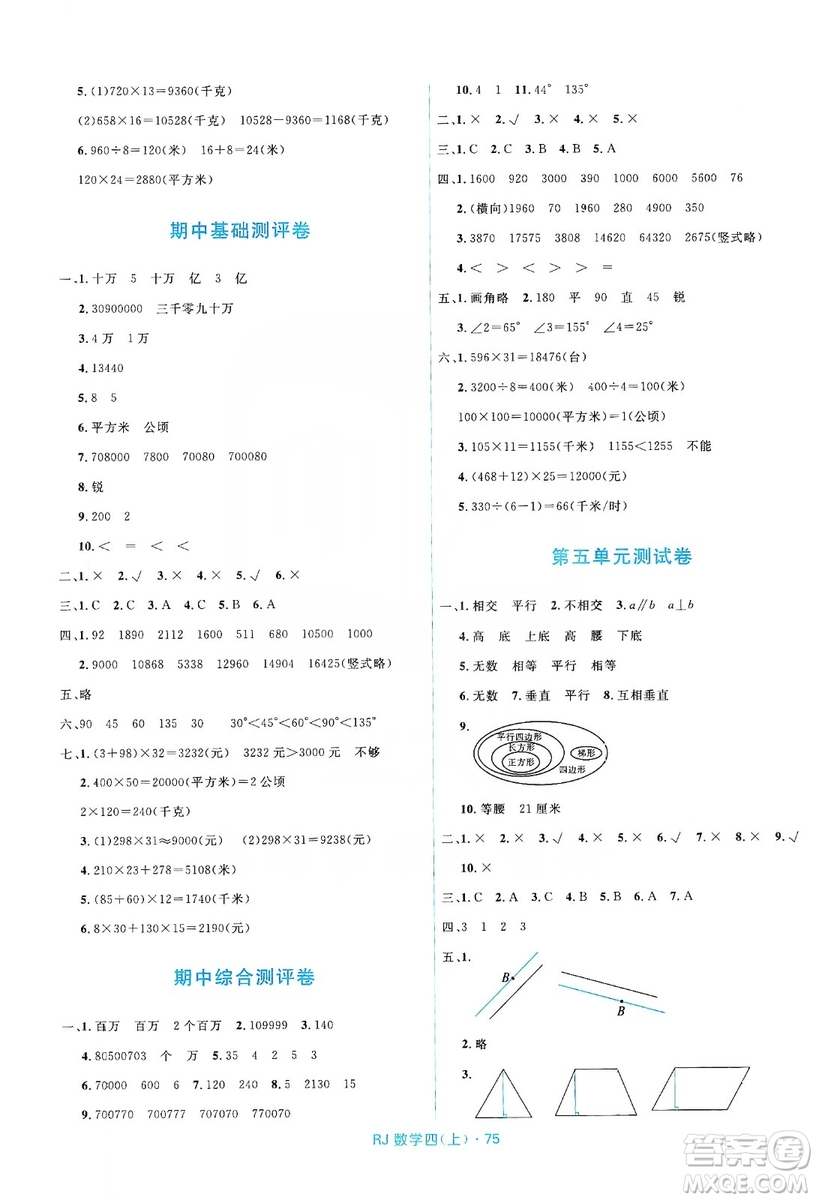 2019贏在起跑線天天100分小學優(yōu)化測試卷數(shù)學四年級上冊RJ人教版答案