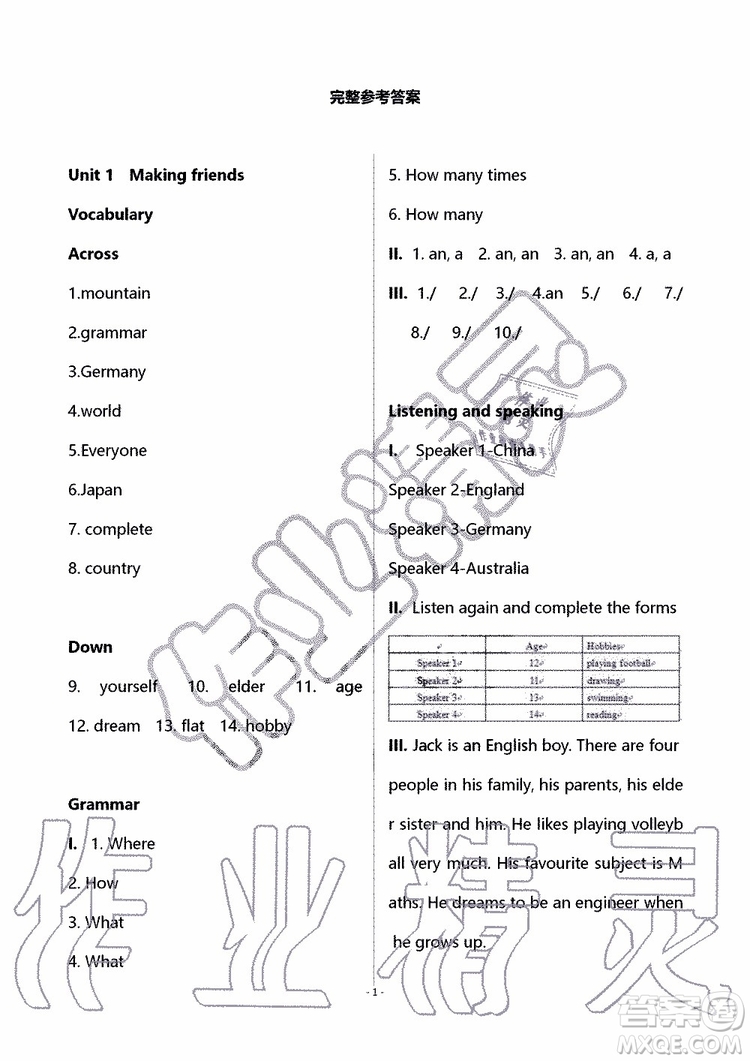 2019秋知識與能力訓(xùn)練英語自主學(xué)習(xí)手冊七年級上冊提高版上教版參考答案