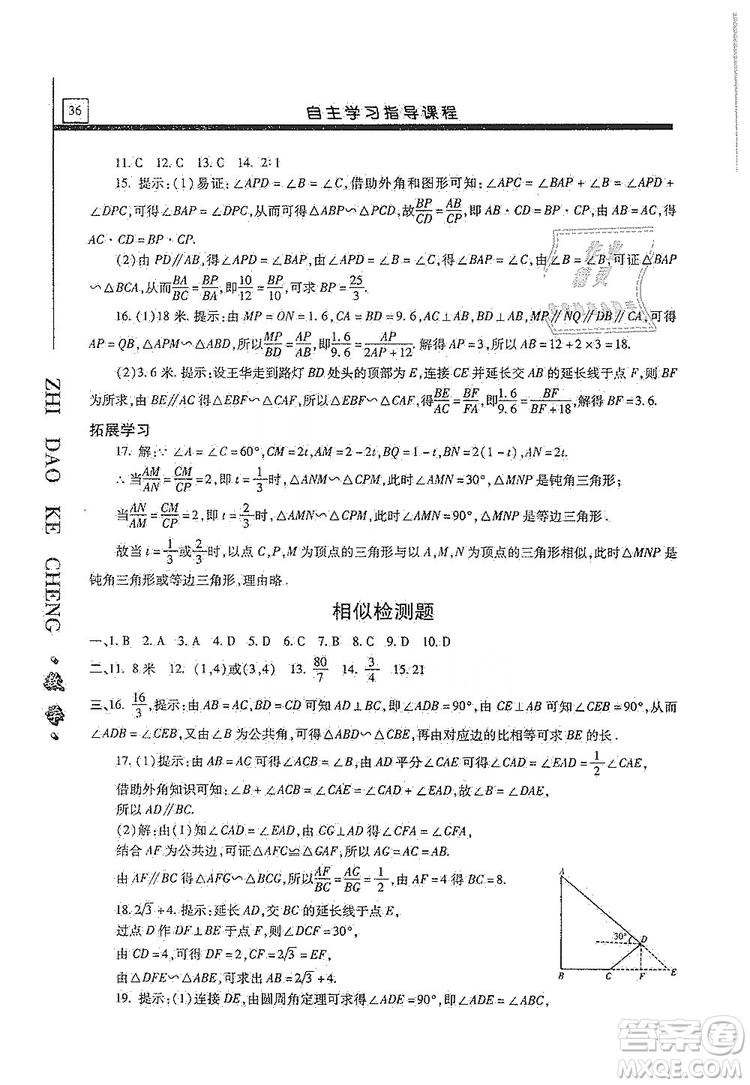 明天出版社2019自主學(xué)習(xí)指導(dǎo)課程九年級(jí)數(shù)學(xué)上冊(cè)答案