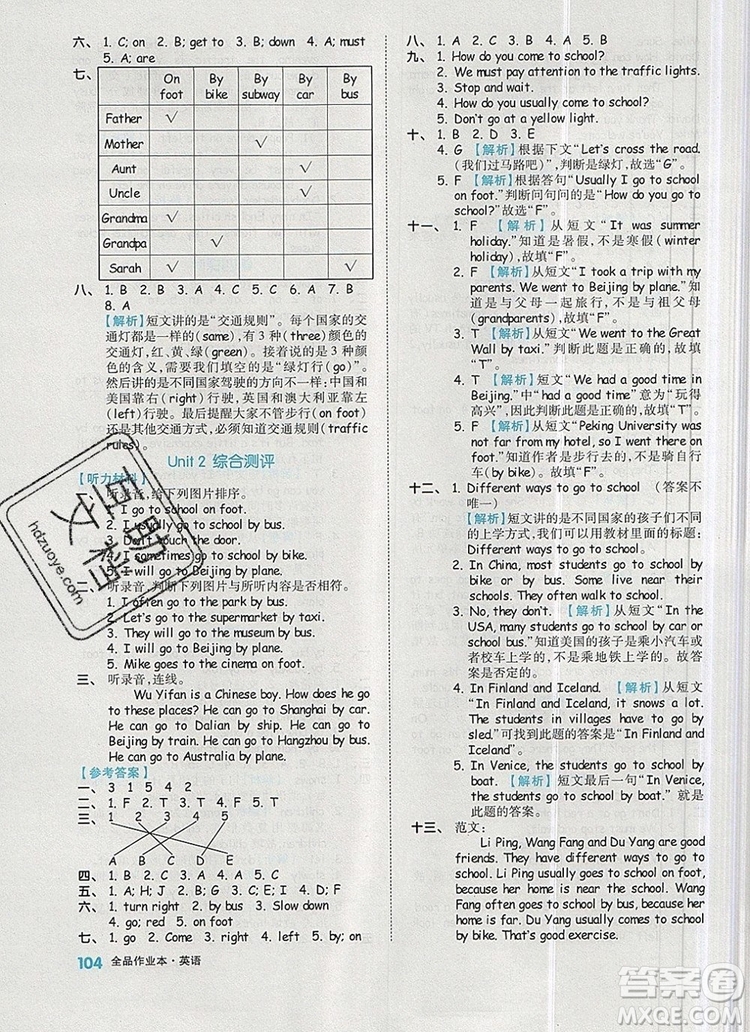 2019年秋新版全品作業(yè)本六年級英語上冊人教PEP版答案