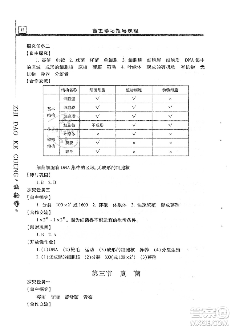 明天出版社2019自主學(xué)習(xí)指導(dǎo)課程生物學(xué)八年級全一冊人教版答案