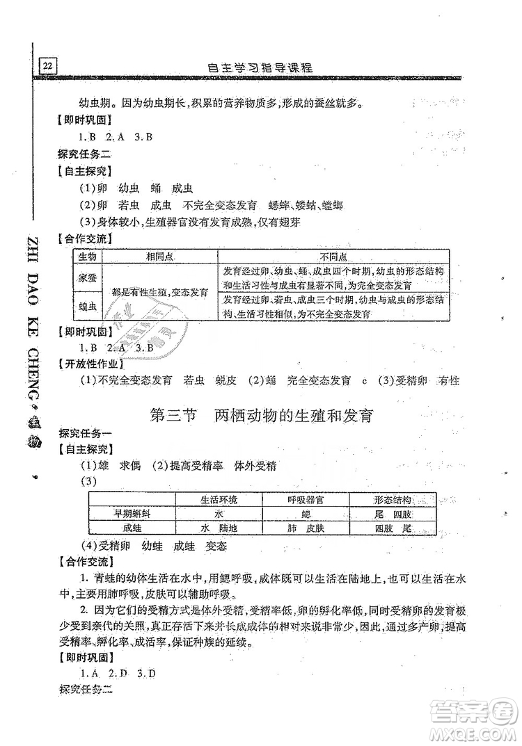 明天出版社2019自主學(xué)習(xí)指導(dǎo)課程生物學(xué)八年級全一冊人教版答案