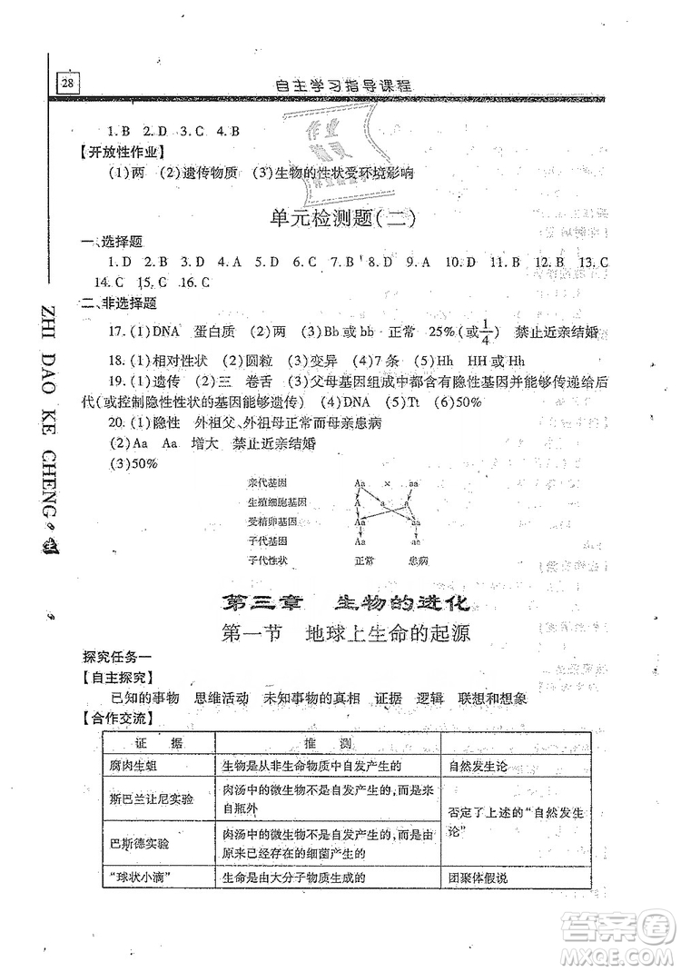 明天出版社2019自主學(xué)習(xí)指導(dǎo)課程生物學(xué)八年級全一冊人教版答案