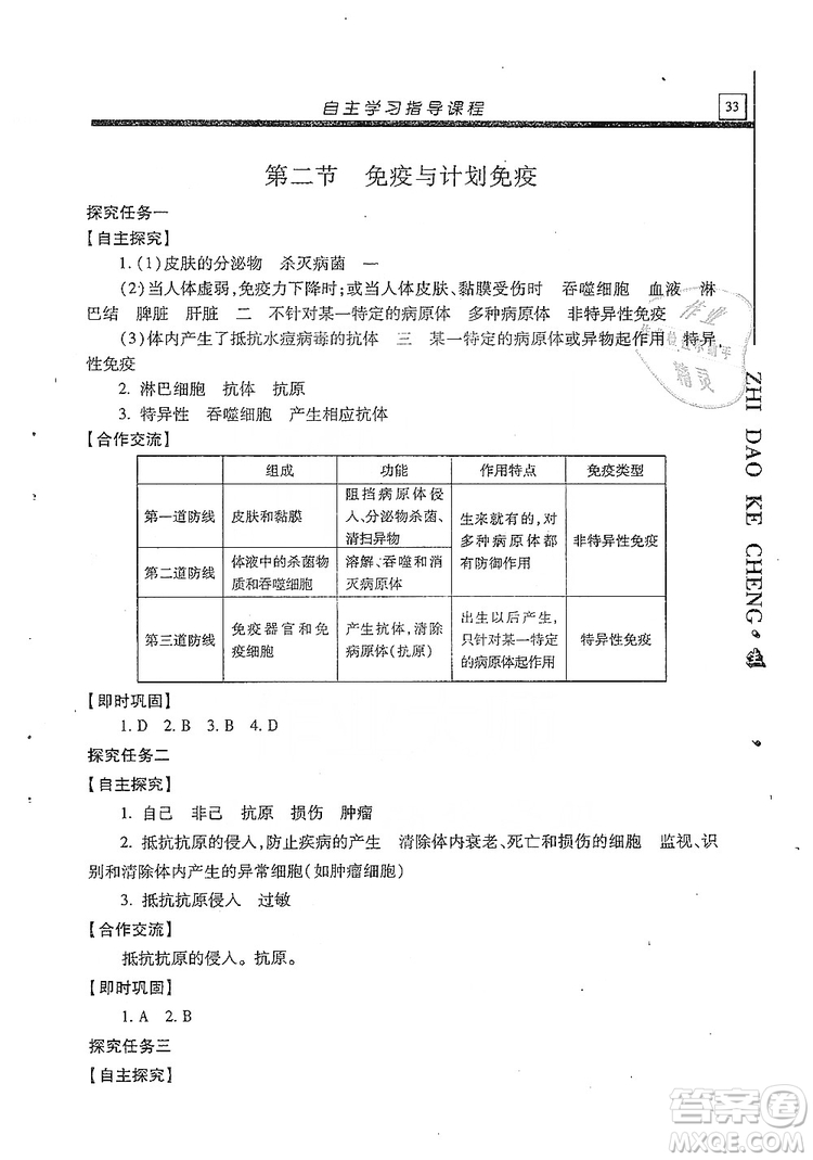 明天出版社2019自主學(xué)習(xí)指導(dǎo)課程生物學(xué)八年級全一冊人教版答案