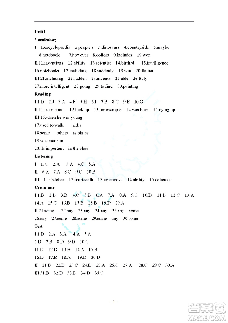 2019秋知識與能力訓(xùn)練英語自主學(xué)習(xí)手冊八年級上冊基礎(chǔ)版上教版參考答案