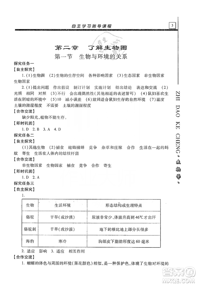 明天出版社2019自主學(xué)習(xí)指導(dǎo)課程七年級生物學(xué)上冊人教版答案