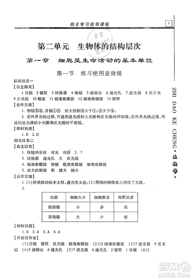 明天出版社2019自主學(xué)習(xí)指導(dǎo)課程七年級生物學(xué)上冊人教版答案