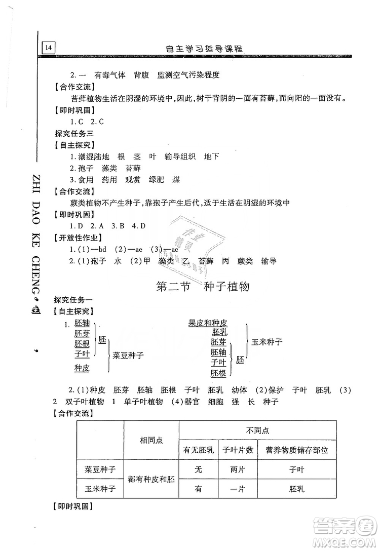 明天出版社2019自主學(xué)習(xí)指導(dǎo)課程七年級生物學(xué)上冊人教版答案