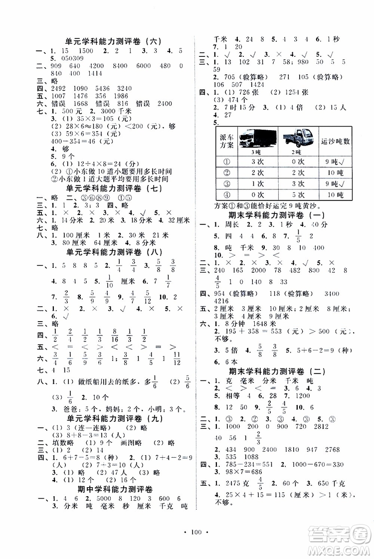 2019年能力培養(yǎng)與測試數(shù)學(xué)三年級上冊人教版參考答案