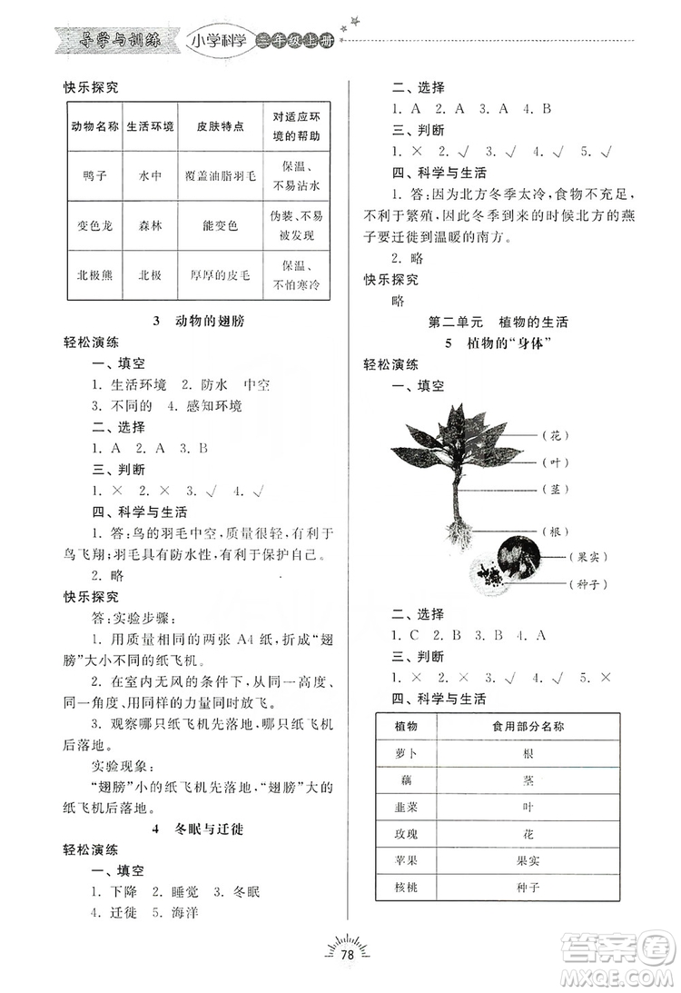 齊魯書社2019小學(xué)導(dǎo)學(xué)與訓(xùn)練三年級科學(xué)上冊青島版答案