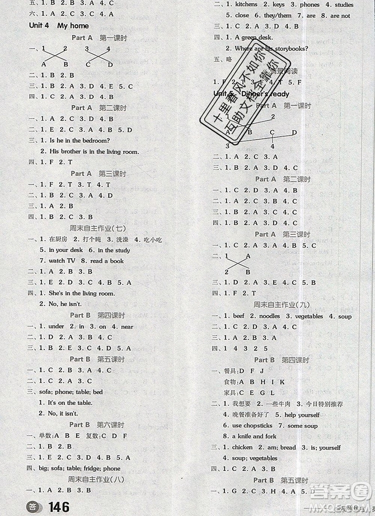 全品學(xué)練考四年級(jí)英語(yǔ)上冊(cè)人教版三起2019年秋新版參考答案