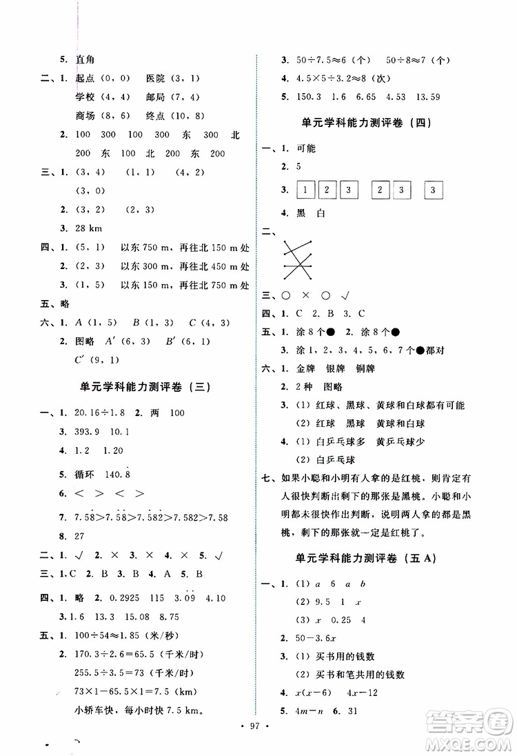 2019年能力培養(yǎng)與測試數(shù)學(xué)五年級上冊人教版參考答案