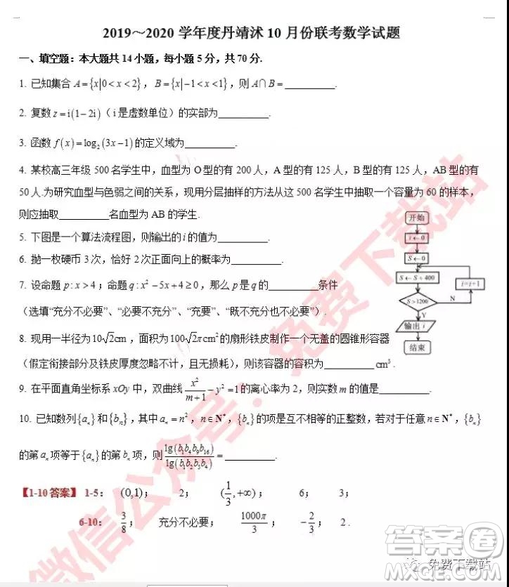 2020屆江蘇省丹靖沭10月份高三聯(lián)考數(shù)學(xué)試題答案