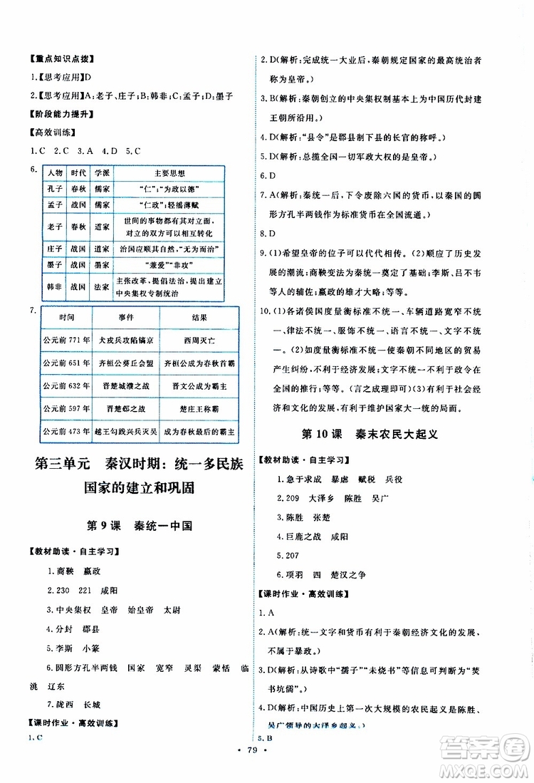 2019年能力培養(yǎng)與測(cè)試中國(guó)歷史七年級(jí)上冊(cè)人教版參考答案