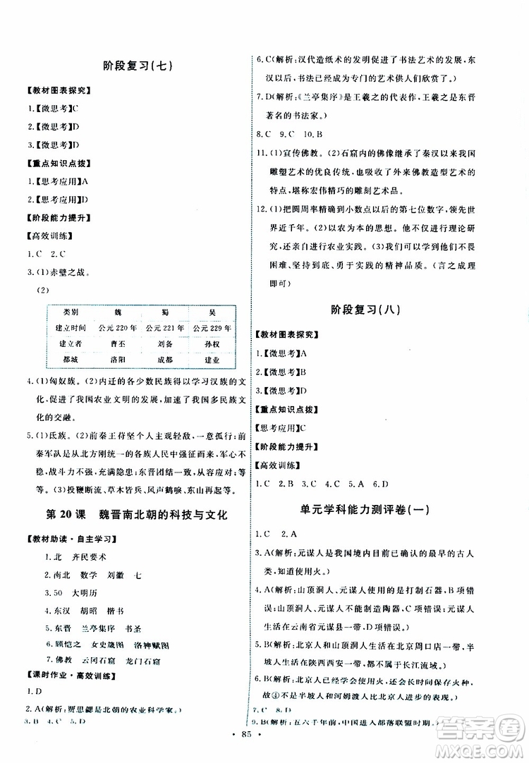 2019年能力培養(yǎng)與測(cè)試中國(guó)歷史七年級(jí)上冊(cè)人教版參考答案