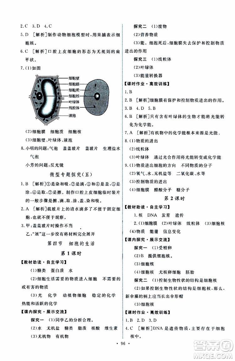 2019年能力培養(yǎng)與測(cè)試生物學(xué)七年級(jí)上冊(cè)人教版參考答案