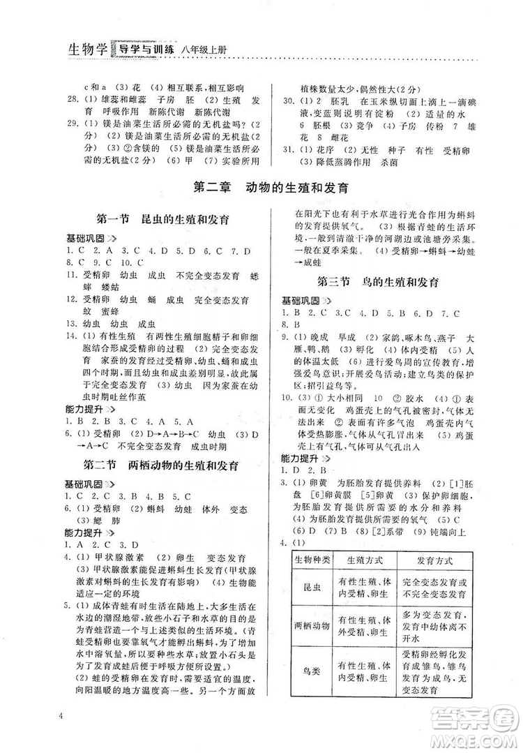 山東人民出版社2019導學與訓練八年級生物學上冊人教版答案