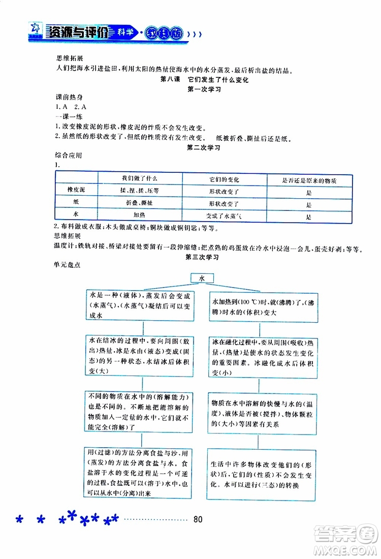 2019年資源與評價科學三年級上冊教科版參考答案