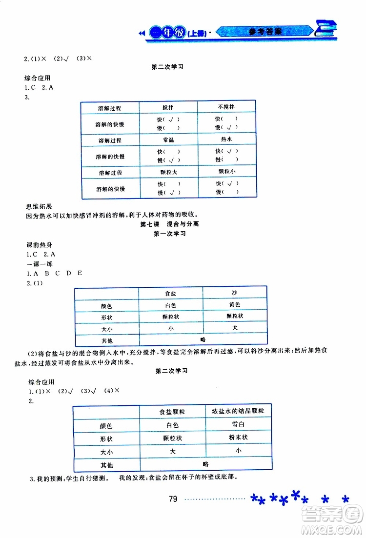 2019年資源與評價科學三年級上冊教科版參考答案