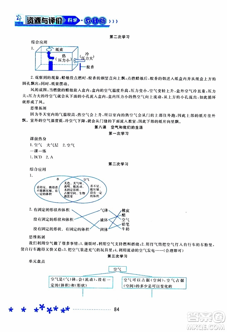 2019年資源與評價科學三年級上冊教科版參考答案