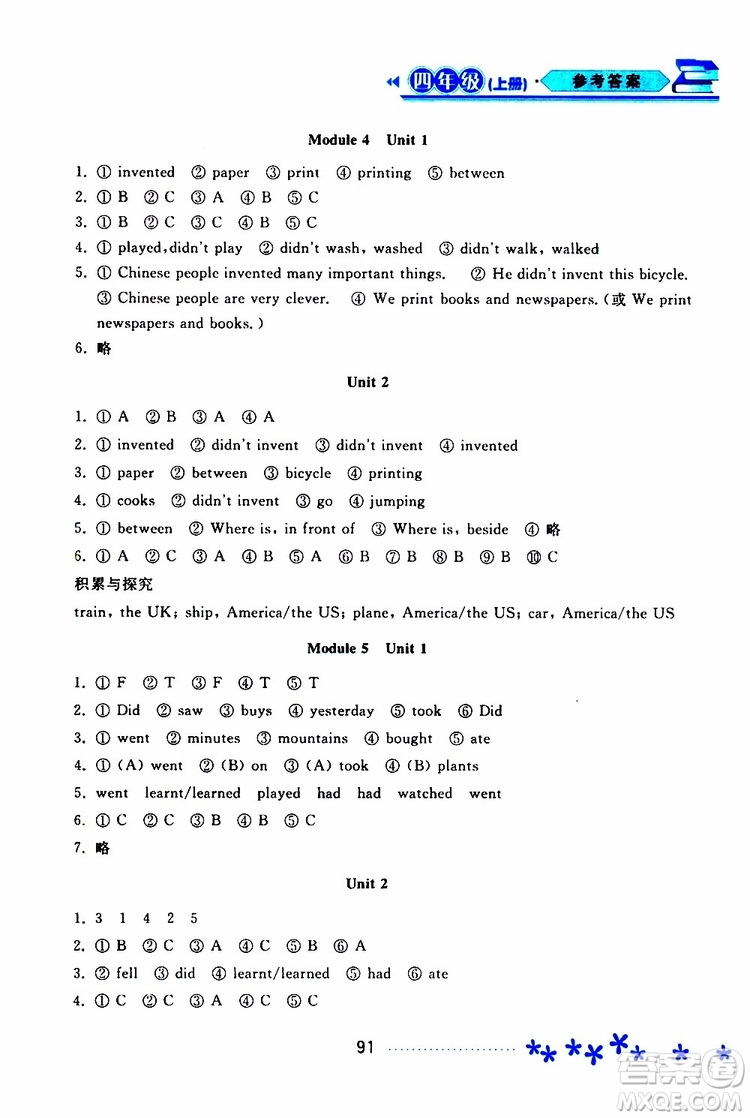 黑龍江教育出版社2019年資源與評價英語四年級上冊外研版參考答案