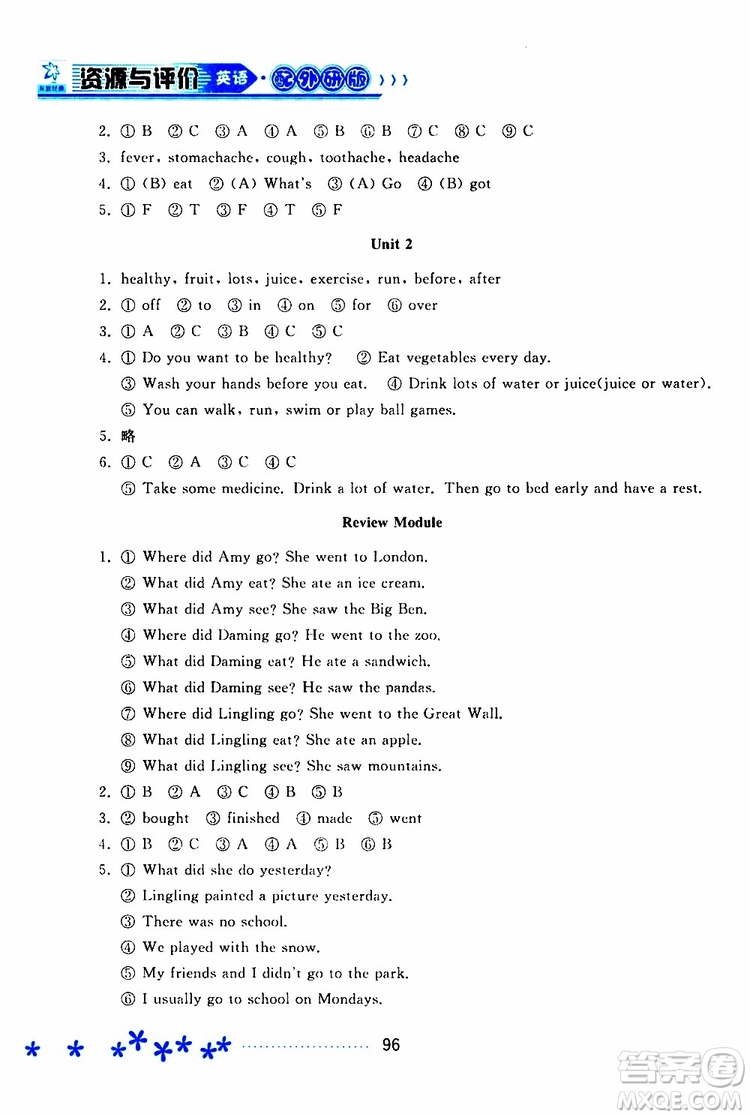 黑龍江教育出版社2019年資源與評價英語四年級上冊外研版參考答案