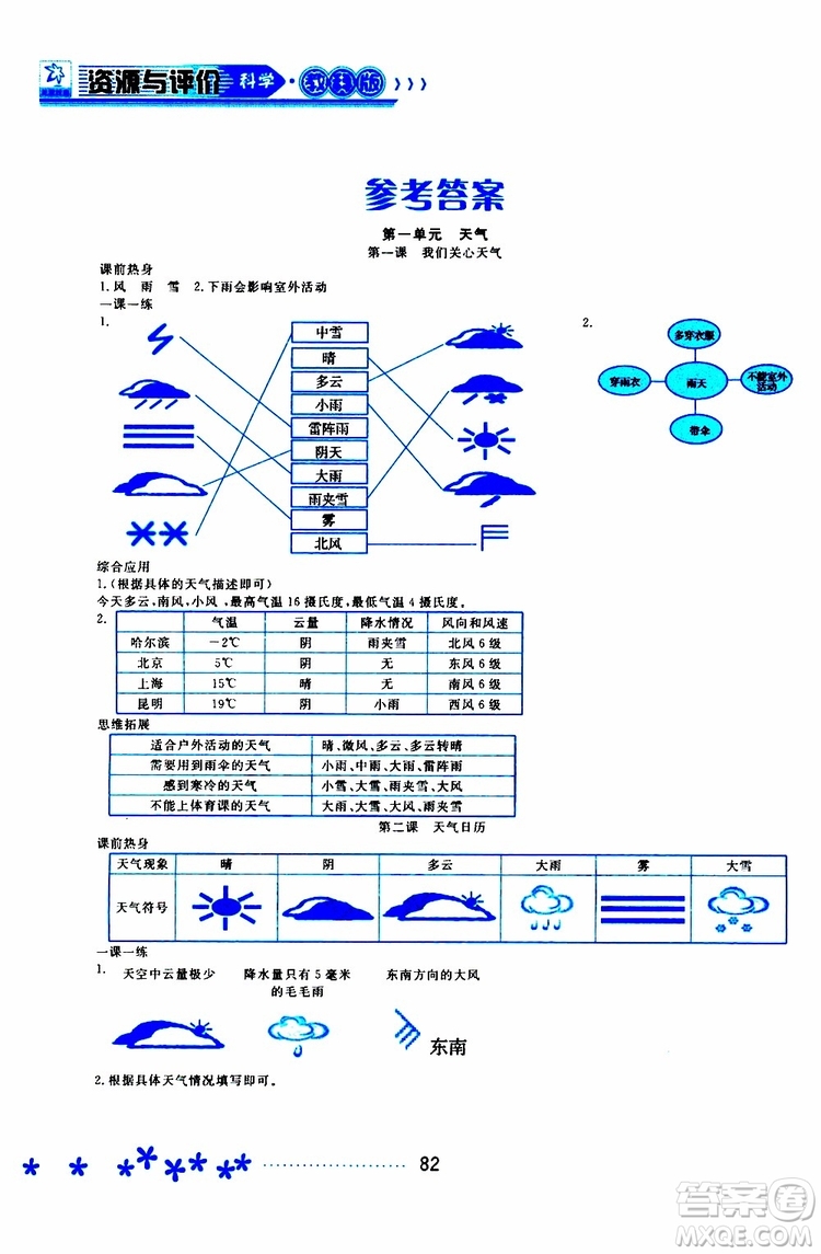 黑龍江教育出版社2019年資源與評價科學四年級上冊教科版參考答案