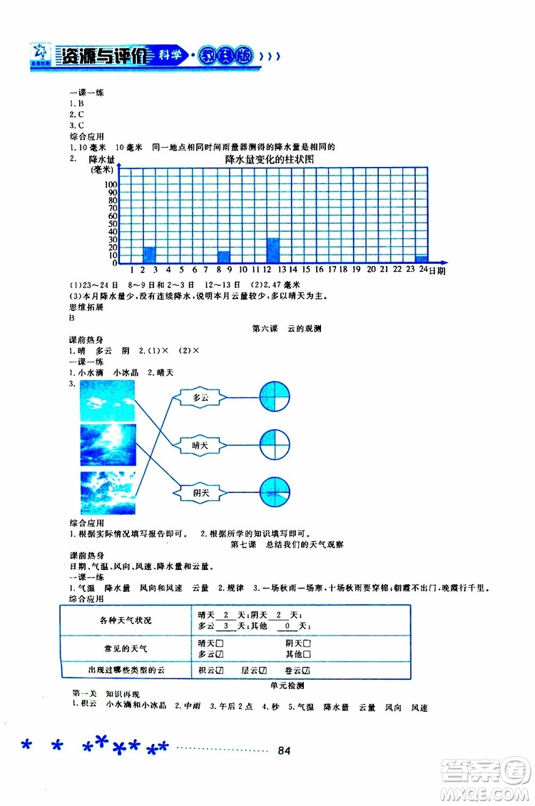 黑龍江教育出版社2019年資源與評價科學四年級上冊教科版參考答案