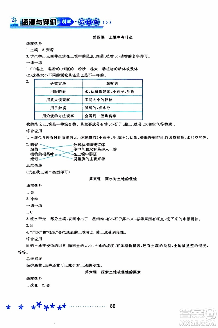 2019年資源與評(píng)價(jià)科學(xué)五年級(jí)上冊(cè)教科版參考答案