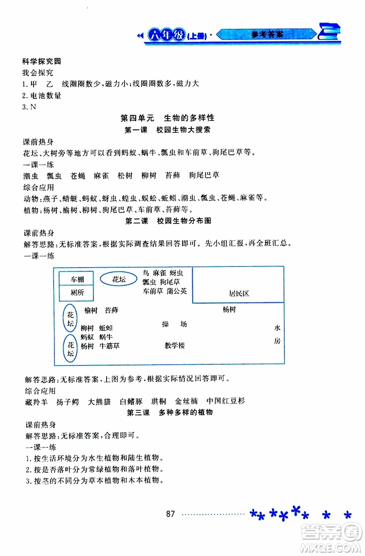 黑龍江教育出版社2019年資源與評(píng)價(jià)科學(xué)六年級(jí)上冊(cè)教科版參考答案