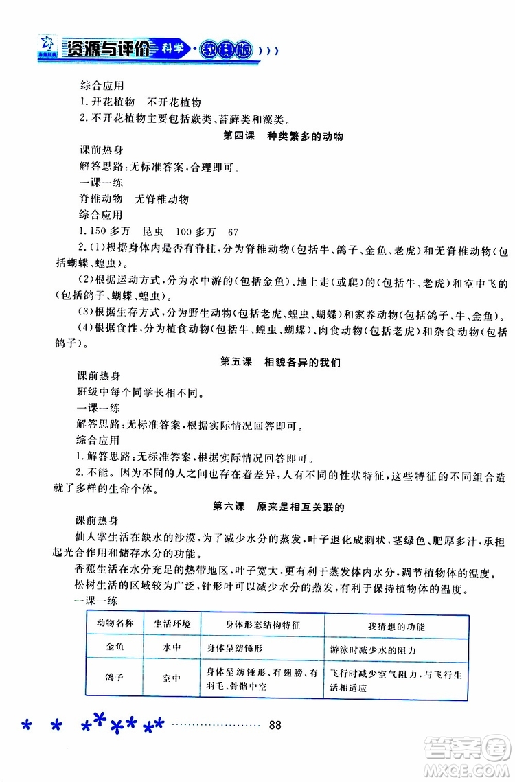 黑龍江教育出版社2019年資源與評(píng)價(jià)科學(xué)六年級(jí)上冊(cè)教科版參考答案