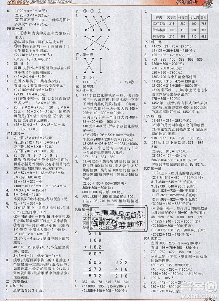 2020年新版世紀金榜金榜大講堂三年級數(shù)學上冊北師大版參考答案