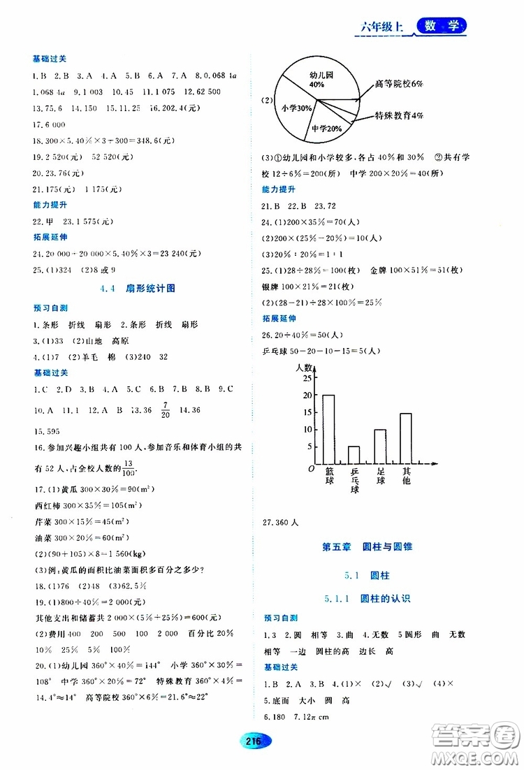 2019年五四學(xué)制資源與評(píng)價(jià)數(shù)學(xué)六年級(jí)上冊(cè)人教版參考答案