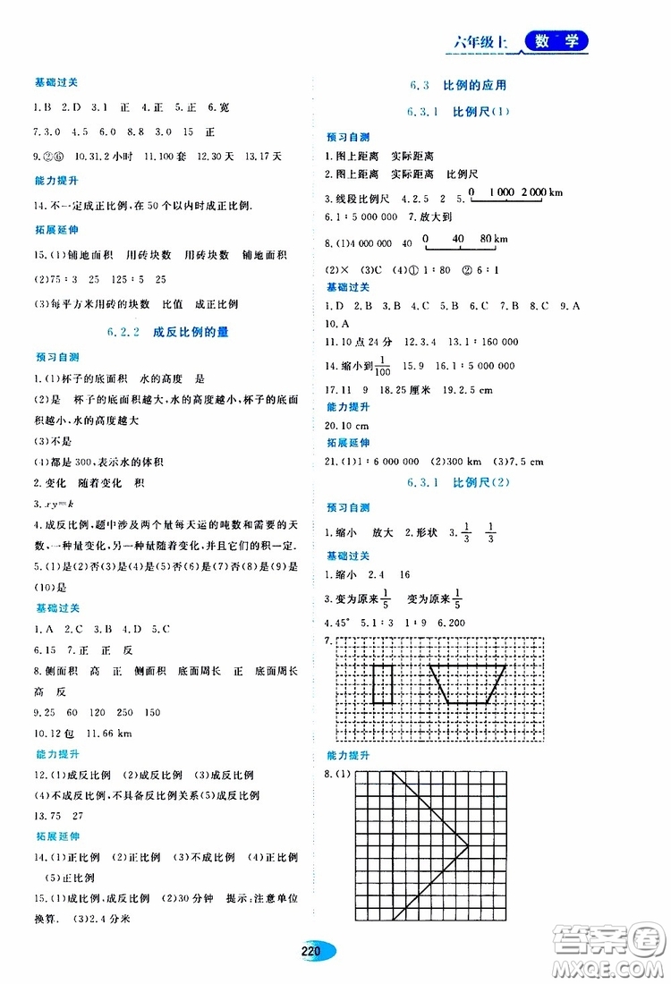 2019年五四學(xué)制資源與評(píng)價(jià)數(shù)學(xué)六年級(jí)上冊(cè)人教版參考答案