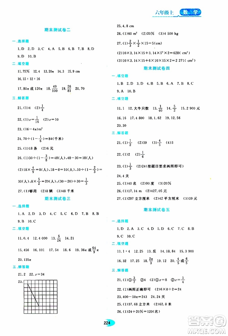 2019年五四學(xué)制資源與評(píng)價(jià)數(shù)學(xué)六年級(jí)上冊(cè)人教版參考答案