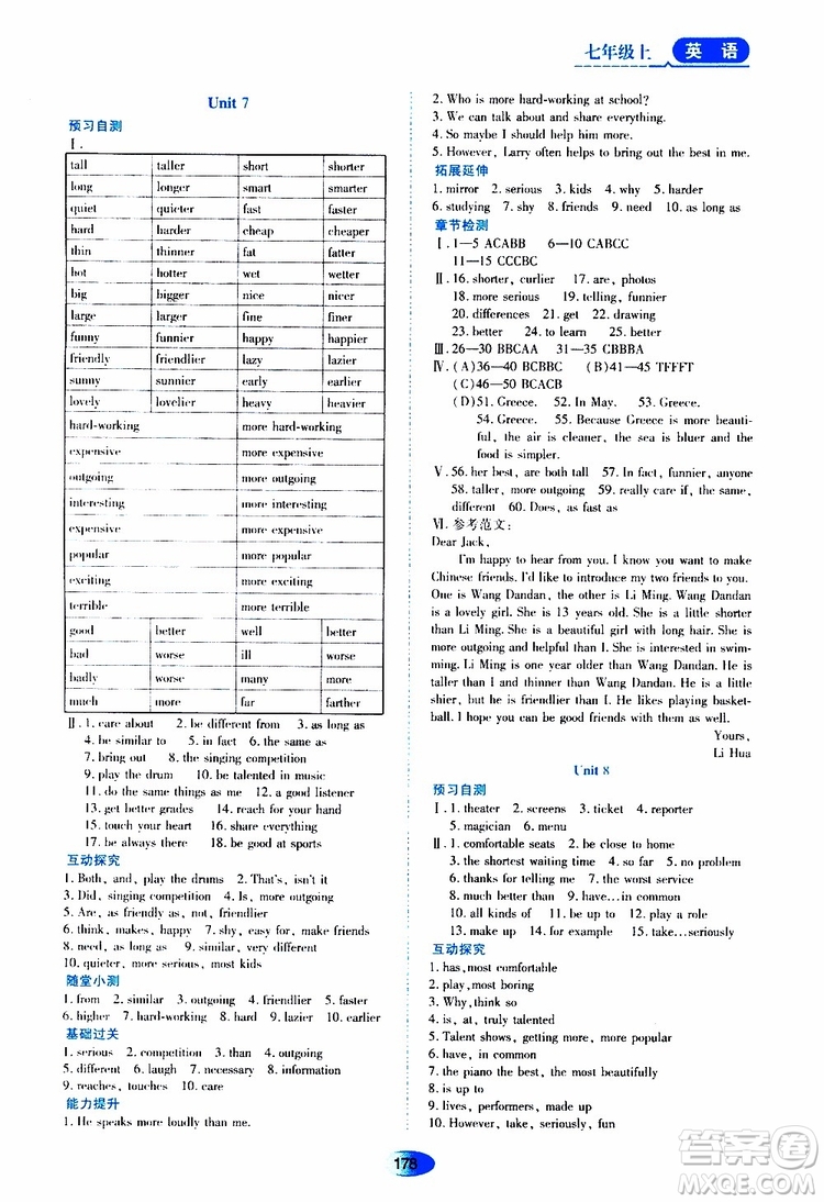 2019年五四學(xué)制資源與評價英語七年級上冊山教版參考答案