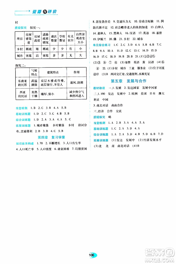 2019年資源與評價地理七年級上冊人教版參考答案