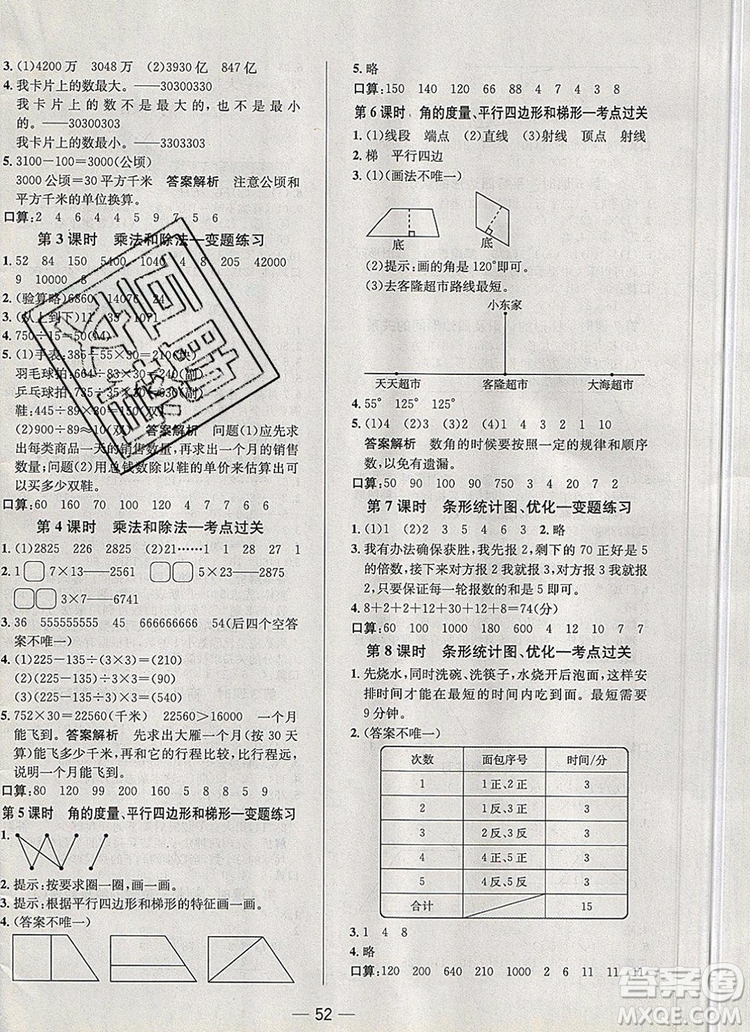 現(xiàn)代教育出版社2019年走向優(yōu)等生四年級數(shù)學(xué)上冊人教版答案