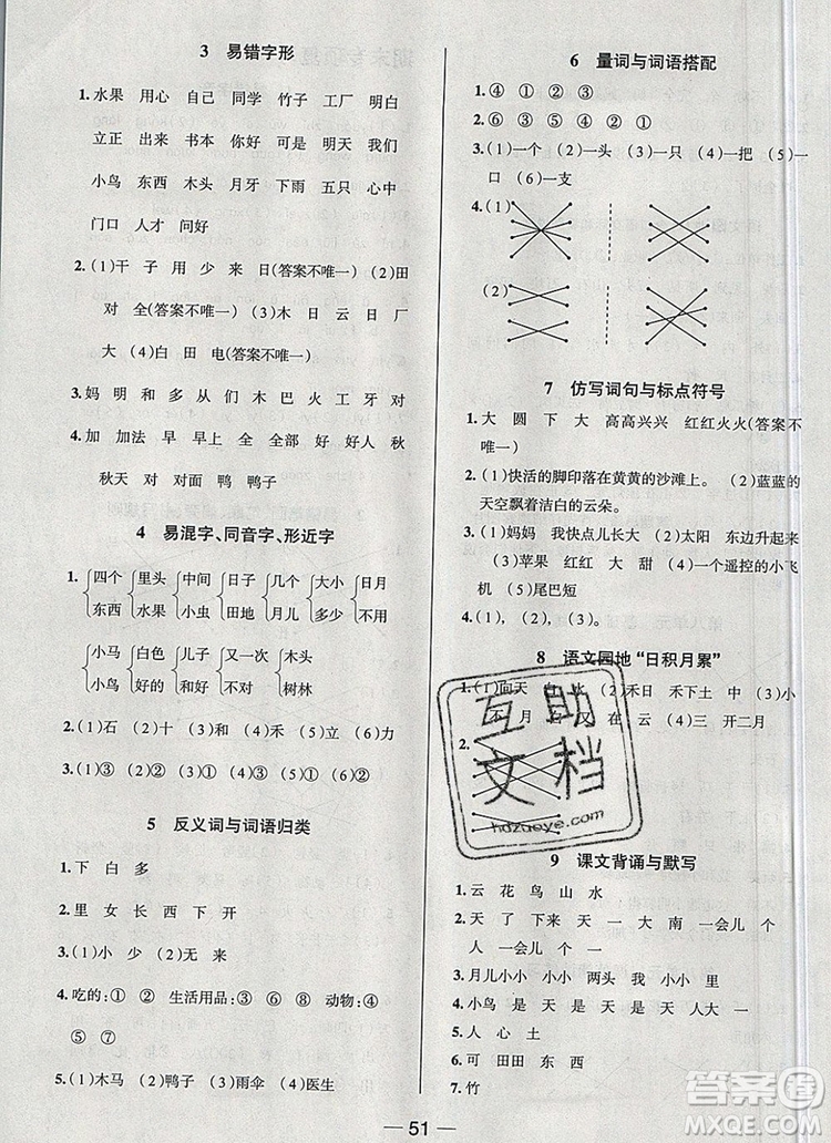 現(xiàn)代教育出版社2019年走向優(yōu)等生一年級語文上冊人教版答案