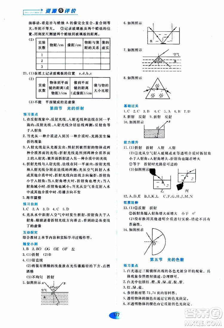 2019年五四學(xué)制資源與評(píng)價(jià)物理八年級(jí)上冊(cè)山科技版參考答案